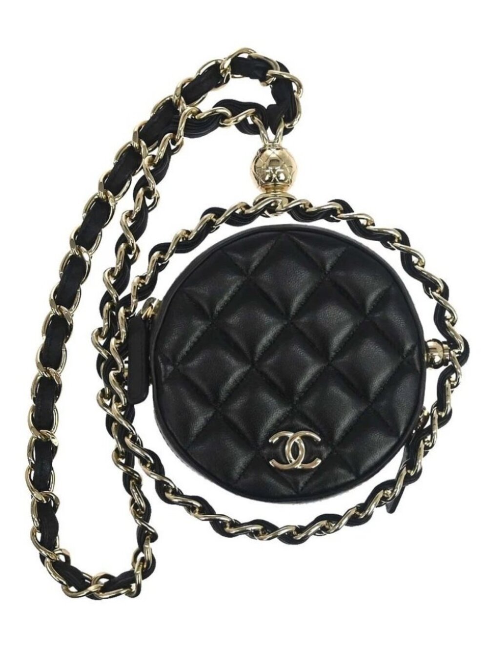 Chanel Black Lambskin Quilted Chain Round Mini Clutch Bag